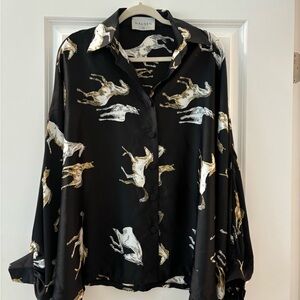 Black Button-Up Shirt with Horse Print